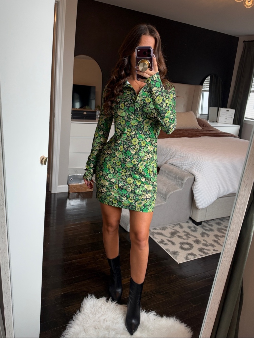 Zara Green and Black Floral Long-Sleeve Dress